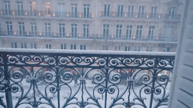 A close view of an ornate wrought iron balcony railing dusted with snow, framing an illuminated building across the street at dusk.