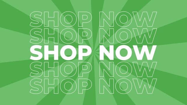 Shop now 2D typography text lettering animation graphics with spiral digital background retail shopping promotion and sales slogan product advertisements dynamic visual effects colours green lime