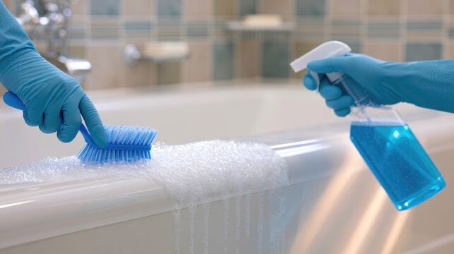 Hands in blue gloves cleaning a bathtub with a brush and spray bottle