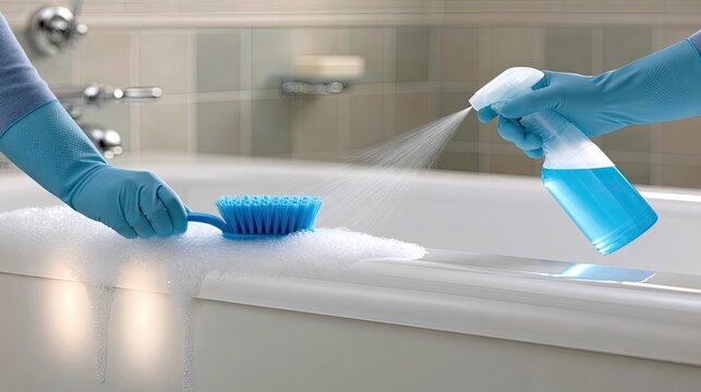 Hands in blue gloves clean a bathtub with spray and brush