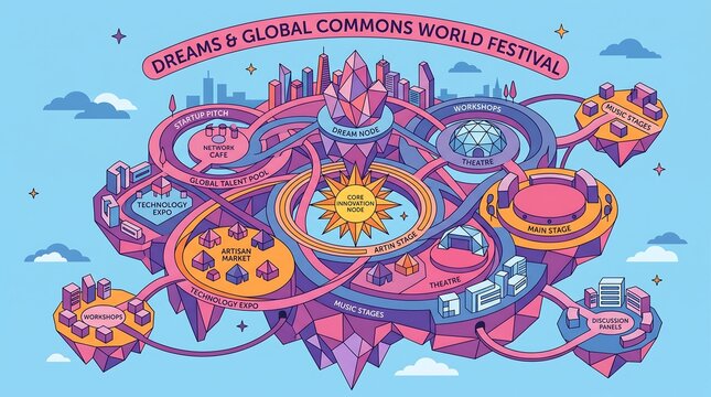 Isometric vector map diagram of a global festival and tech innovation ecosystem with connected nodes floating islands in monochrome black and white fineart vector style concept for persia iran technol