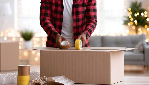 Person taping a cardboard box closed with packing tape, ready for transport