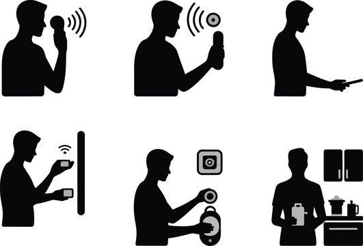 Smart device interaction silhouettes of people using microphone, smartphone, tablet, smart home, kitchen technology, wireless communication vector illustration