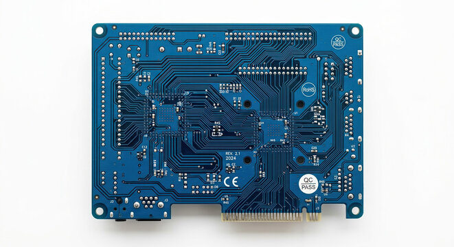Blue Printed Circuit Board With Electronic Components And Connectors