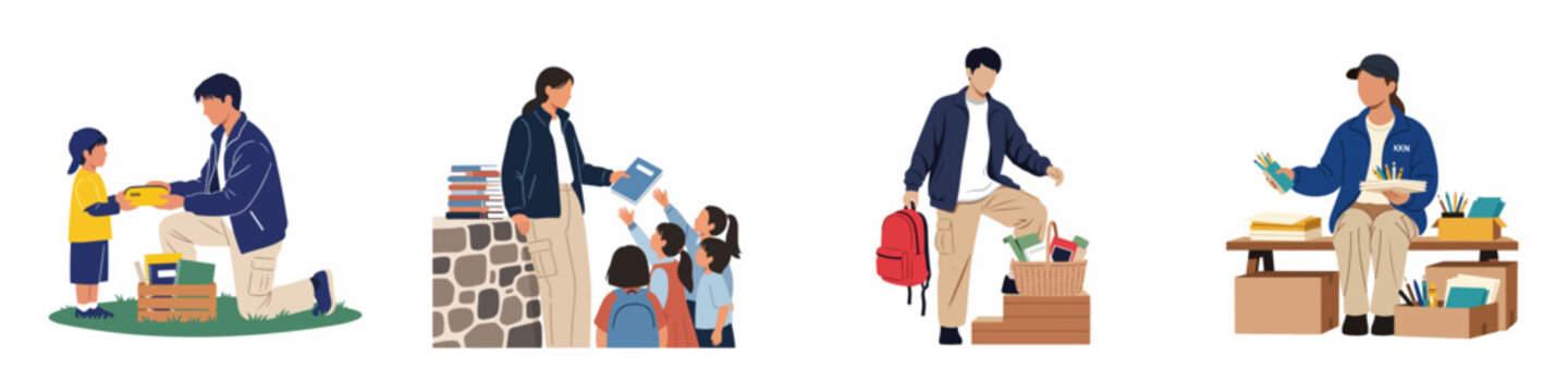 Volunteers Distributing School Supplies and Books to Children in a Community Outreach Program, Set of Four Illustrations.