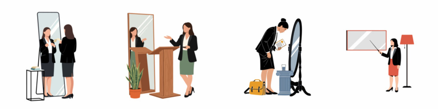 Illustrations of professional women practicing public speaking, rehearsing speeches in front of a mirror, and delivering presentations in a business setting.