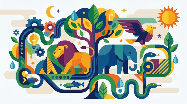 Flat geometric vector illustration of lion elephant eagle fish and tree of life with gears and light bulbs in monochrome black and white fineart vector style concept for persia iran biodiversity and t