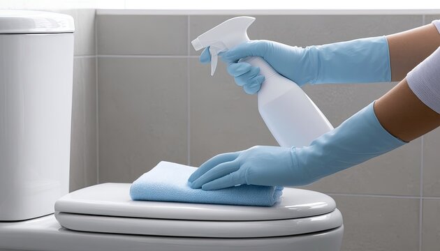 Gloves spray cleaner onto toilet seat, wiping with cloth for hygiene