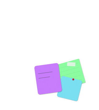 Three colorful flat cards with icons floating in space