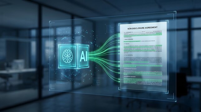 Artificial intelligence analyzing non disclosure agreement legal document with glowing connections in modern office setting