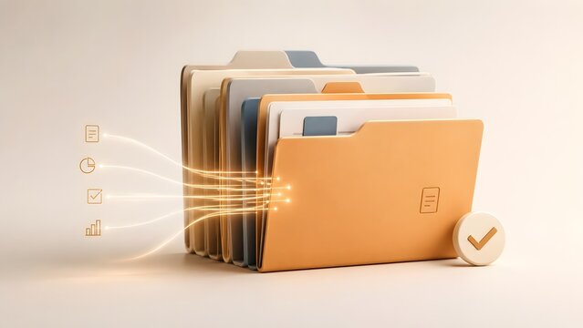 3D rendering of file folders with glowing data lines and digital icons concept of document management system and information transfer