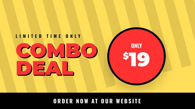 Animated combo deal advertisement, dynamic promotional offer with red circle and white text on yellow striped background, symbolizing limited time discounts and sales, representing business