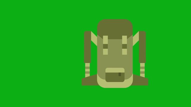 Military backpack gear green screen chromakey background 2d animated cartoon animation soldier equipment supply army survival tactical concept icon loops smoothly on chroma key