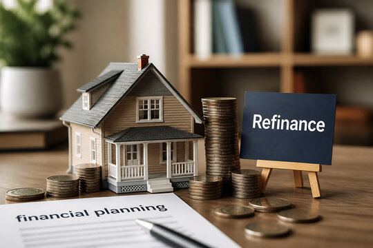 A miniature house, stacks of coins, and a "Refinance" sign on a desk with financial planning documents.