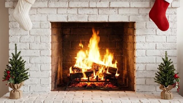 Cozy fireplace in white brick wall with burning firewood, decorated with christmas stockings and small pine trees