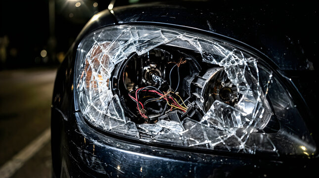 Close up of a broken car headlight lens with shattered glass on a dark night