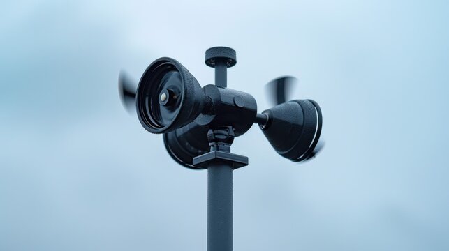 Closeup image of spinning weather station anemometer with gray sky background captured with Canon EOS R5