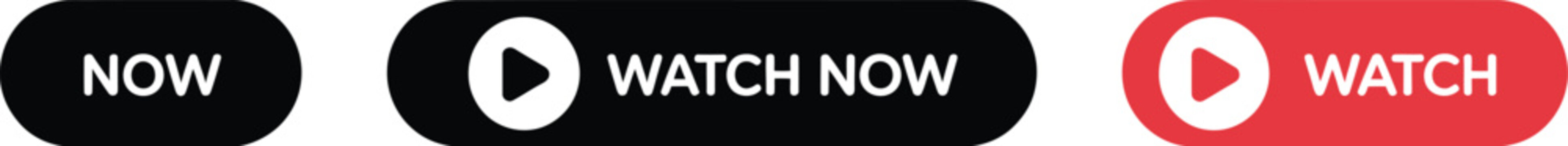 Watch Now Video Button Icon Set featuring play symbols, video streaming controls, media call-to-action buttons, online entertainment, and editable vector designs isolated on background.