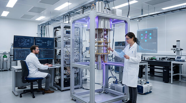 Scientists working with quantum computer in advanced research laboratory