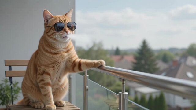 Cool orange tabby cat wearing sunglasses and smoking on balcony