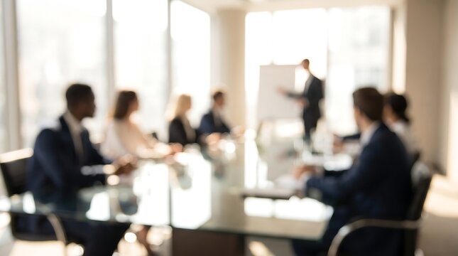 Blurred professional business meeting in modern office boardroom with diverse team members discussing strategy and project goals around glass conference table in bright sunlight