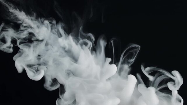 White smoke infused with liquid ink swirls through deep black space, forming elegant organic sculptures before dissolving into cinematic volumetric atmosphere with photorealistic fluid motion.