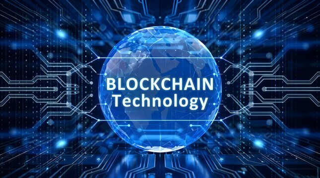 Blue digital globe with blockchain technology text with circuit board background