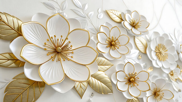 Elegant white flowers with gold leaf accents on light background