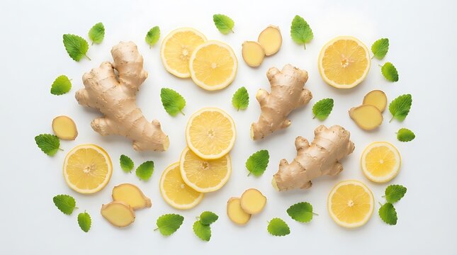 Fresh ginger root slices with lemon circles and green mint leaves top view