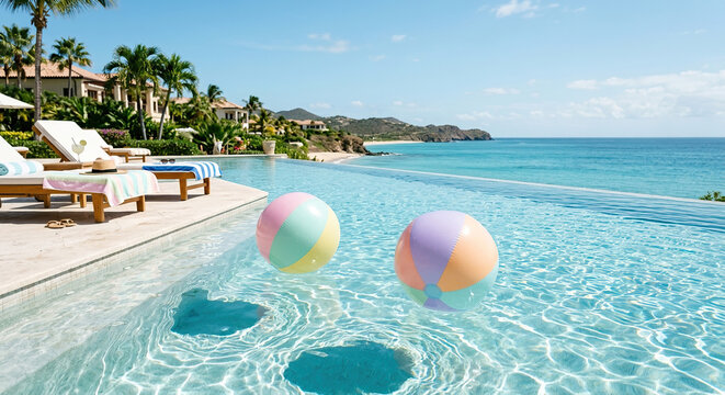 Luxury infinity pool with pastel beach balls overlooking ocean