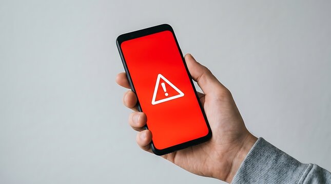 Person holding a smartphone showing a red warning sign on the screen