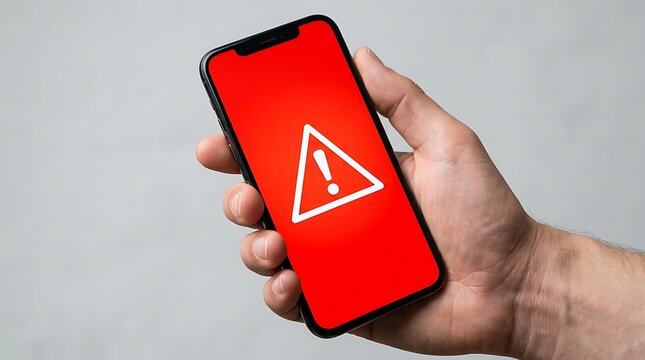 Person holding a smartphone showing a red warning sign on the screen