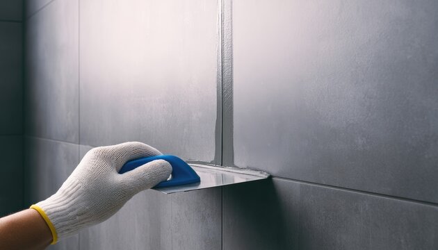 A gloved hand uses a trowel to apply grout to a tiled wall surface