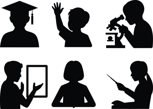 Education learning silhouettes with graduate cap, student raising hand, microscope research, tablet study, writing notes, teacher pointing stick vector