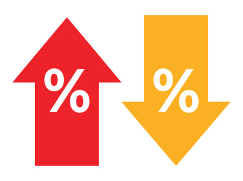Red arrow pointing up and yellow arrow pointing down with percentage symbols representing increase and decrease in business finance and market statistics