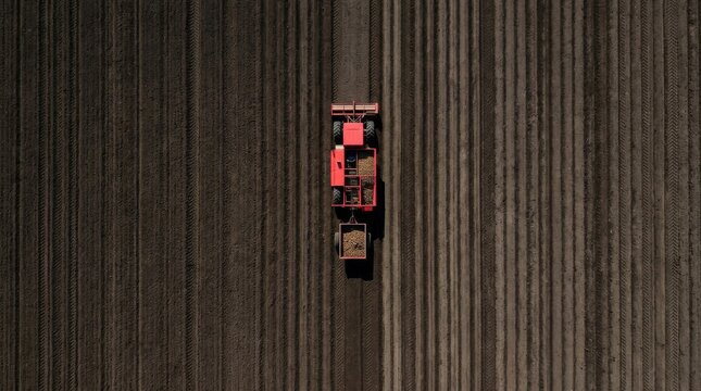 Aerial view of a tractor plowing a large dark agricultural field.