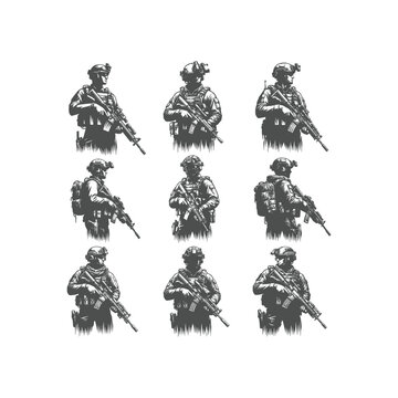 Tactical Soldier Vector Illustration Set Monochrome Graphics