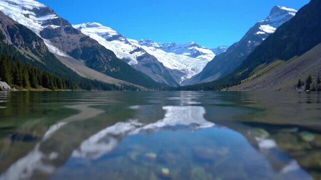 Alpine lake with crystal clear water and snow-capped mountains, scenic nature landscape for travel and relaxation