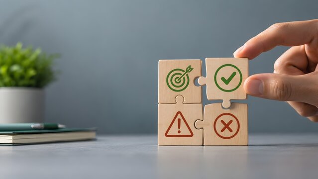 Problem solving business strategy concept with hand assembling wooden puzzle pieces featuring goal checkmark risk and error icons