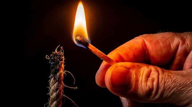 A person holding a burning matchstick near a rope fuse.