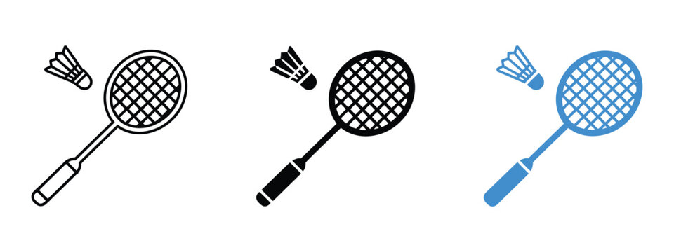 Badminton racket and shuttlecock icon in outline and solid styles with clean court sport symbol for UI vector illustration