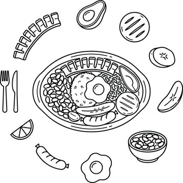 Colombian Bandeja Paisa Circular Emblem and Icon Set with Traditional Latin Food Elements like Rice, Beans, Egg, Sausage, Avocado, and Cutlery