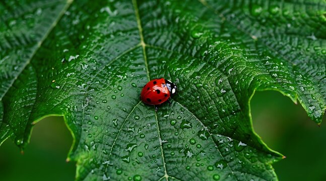 A solitary red ladybug perched on a vibrant green leaf covered in dew drops.