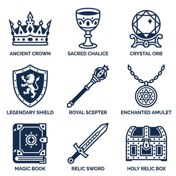Fantasy RPG loot items and magical relic icons.