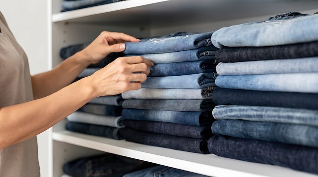 A store employee organizing and folding stacks of denim jeans on shelves.