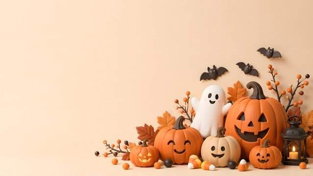 Festive halloween background with carved pumpkins and a cute ghost decoration on a soft beige studio backdrop
