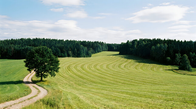 winding dirt path through lush green meadow leading to dense forest on a clear summer day with fluffy white clouds.