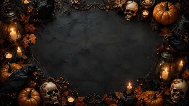 Dark halloween background with pumpkins skulls and candles arranged as a festive border on black textured surface