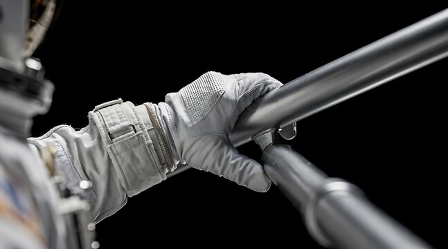 Close up of an astronaut glove holding onto a metallic handrail in space.