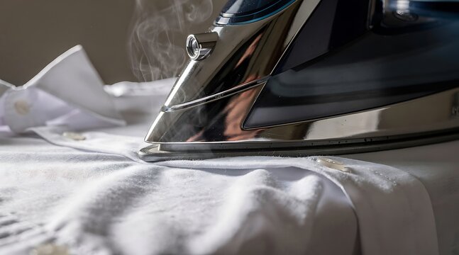 Close up of an iron pressing a white shirt on an ironing board.